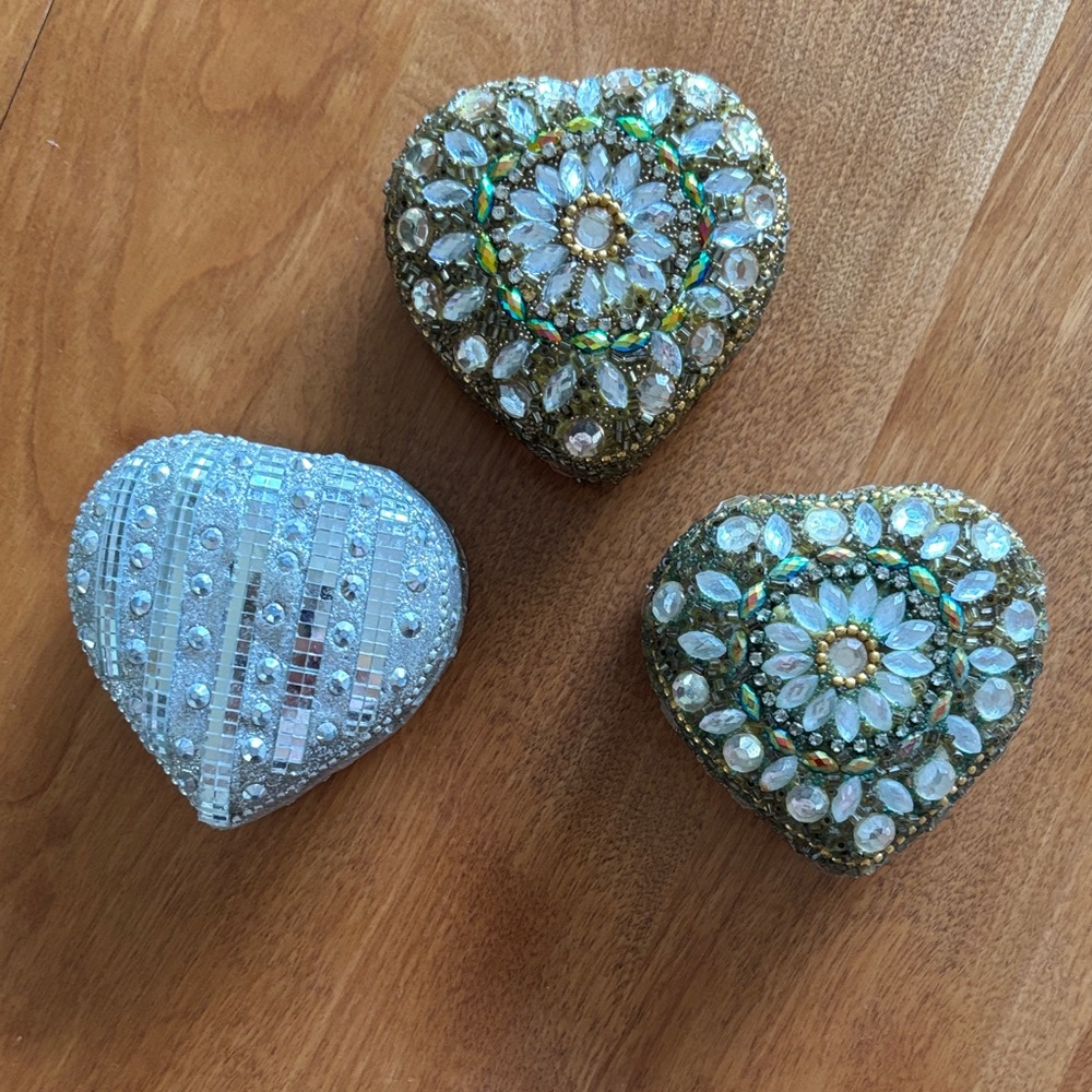 3 pretty jewelled heart shaped containers
